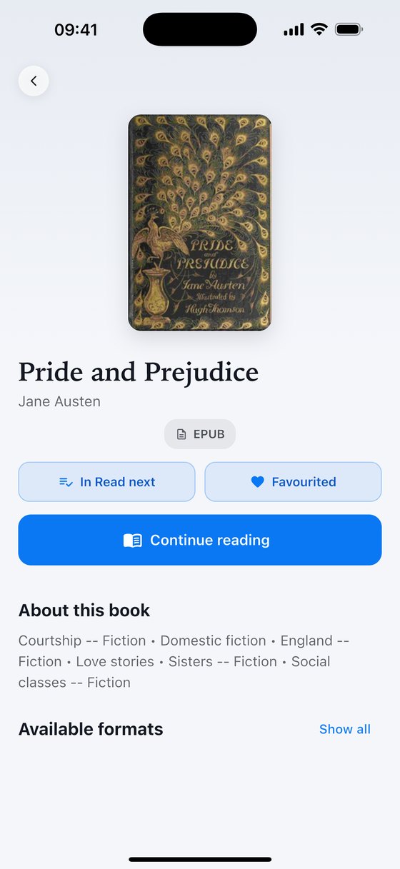 A book page in LibG showing cover, author and description