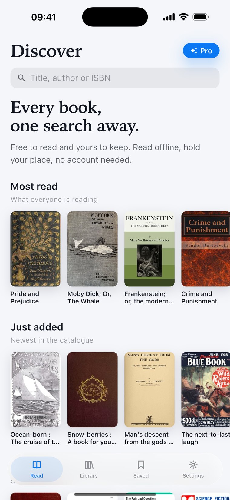 LibG on iPhone, showing the Discover screen with shelves of book covers