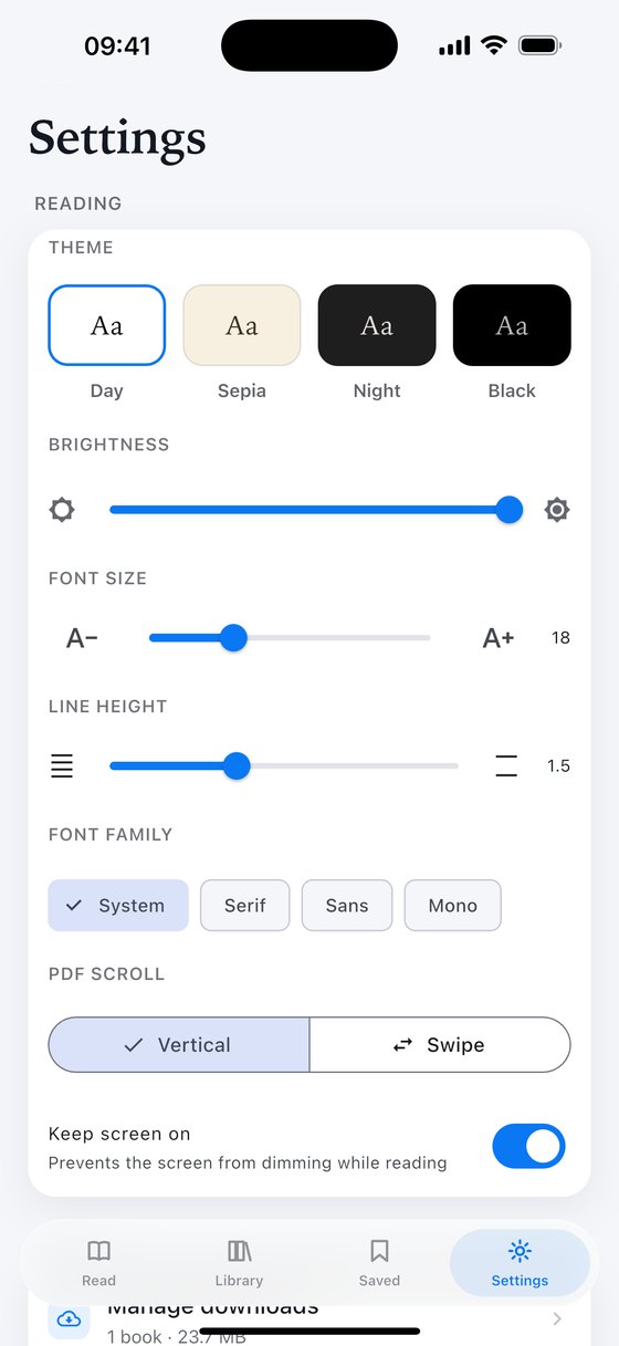 LibG reading settings showing page themes and type size controls